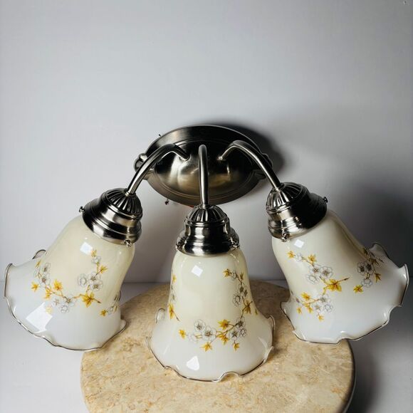 Modern Nickel 3 Light Fixture with Vintage Fluted Glass Floral Dogwood Lampshade - Picture 1 of 11